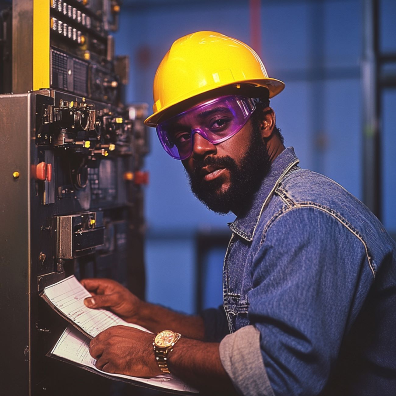 een man met een paarse bril en gele helm is werkzaam als operator