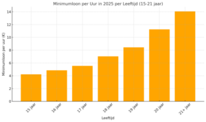 Een grafiek waarbij je een stijgende lijn zit per leeftijd 15-21 jaar wat gaat om het minimum loon per uur