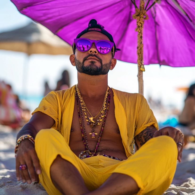 Een man met gele kleren en een paarse zonnebril zit op het strand.